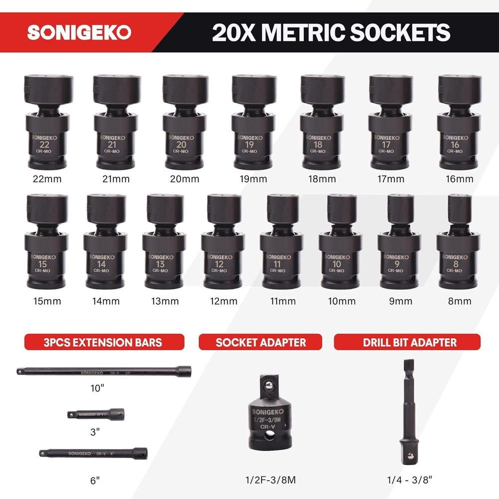 3/8" Drive Impact Swivel Socket set, 3/8",20pcs, Black