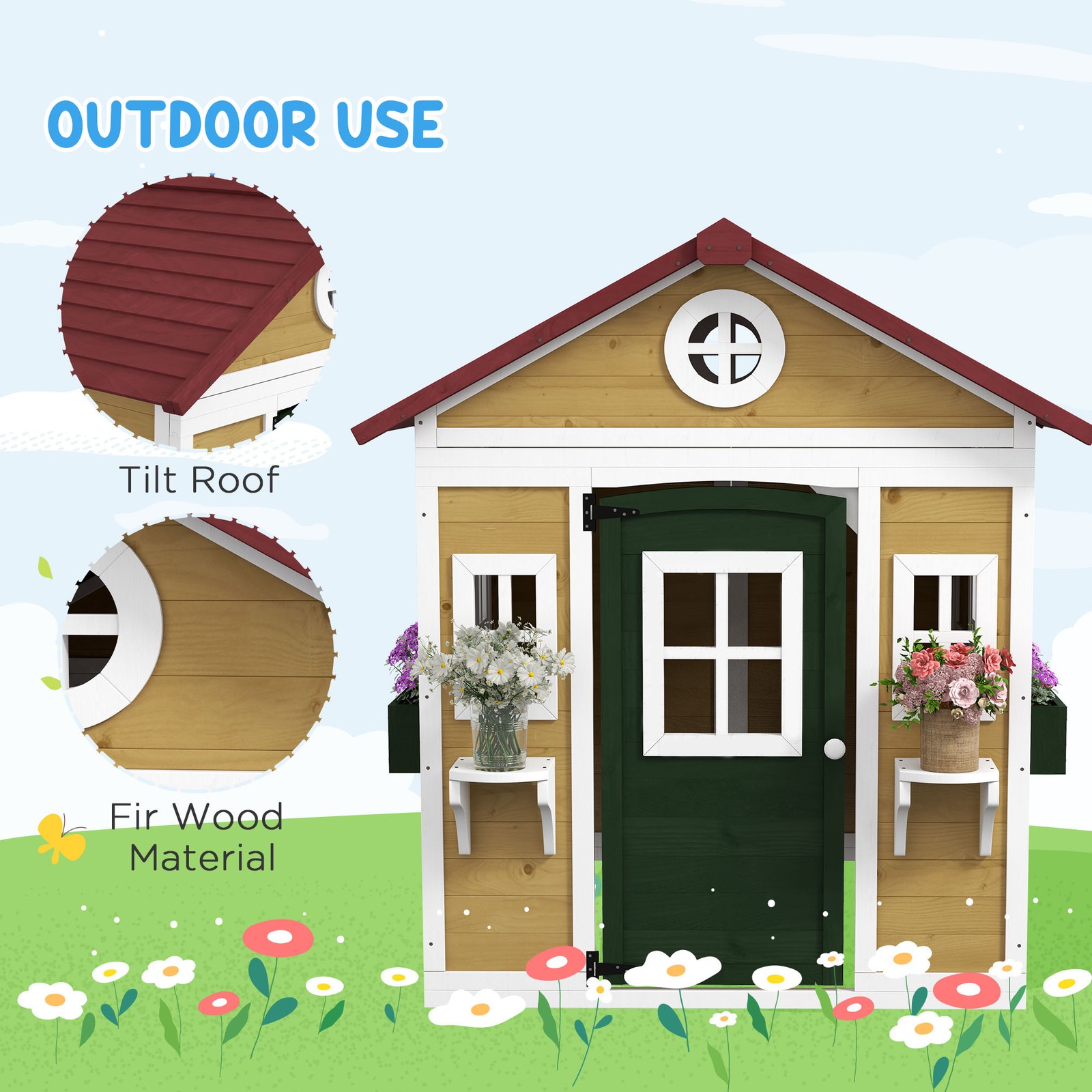 Playhouse for Kids with Doors, Windows, Planter Pots and Boxes
