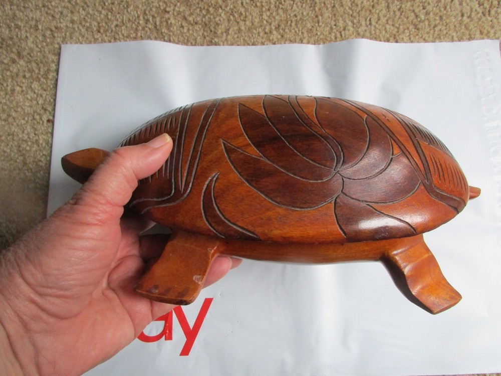 Carved Wood  Turtle Figure 12" Long - Removable Shell Lid