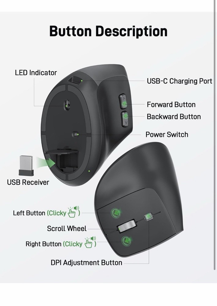 Acer Ergonomic Mouse Wireless, Adjustable DPI Vertical Mouse 1000/1200/1600