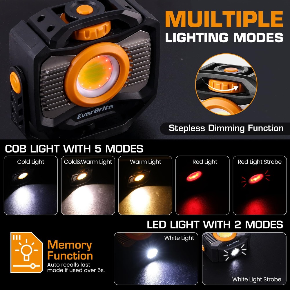 EverBrite Magnetic Work Light Rechargeable LED, 2000LM Black & Orange