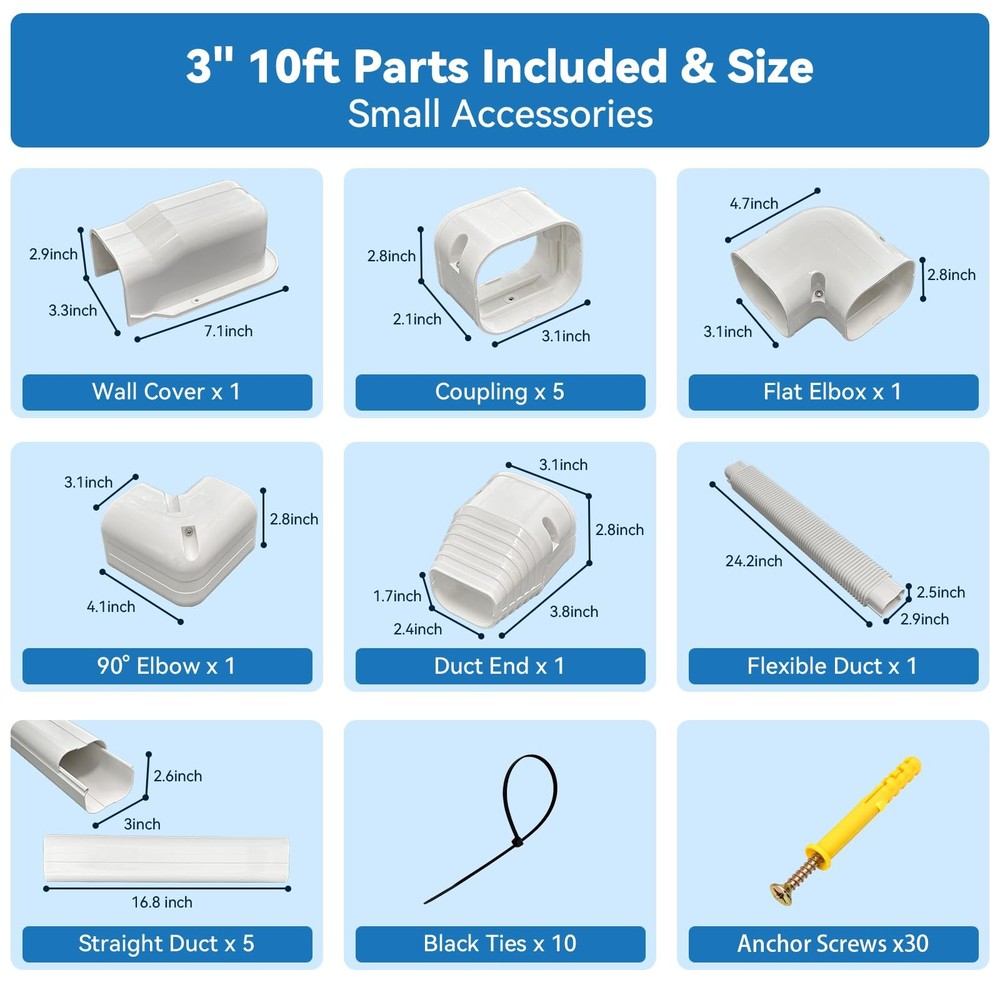 3" 10 Ft Mini Split Line Set Cover with Flexible Duct, PVC Mini Split Cover K...