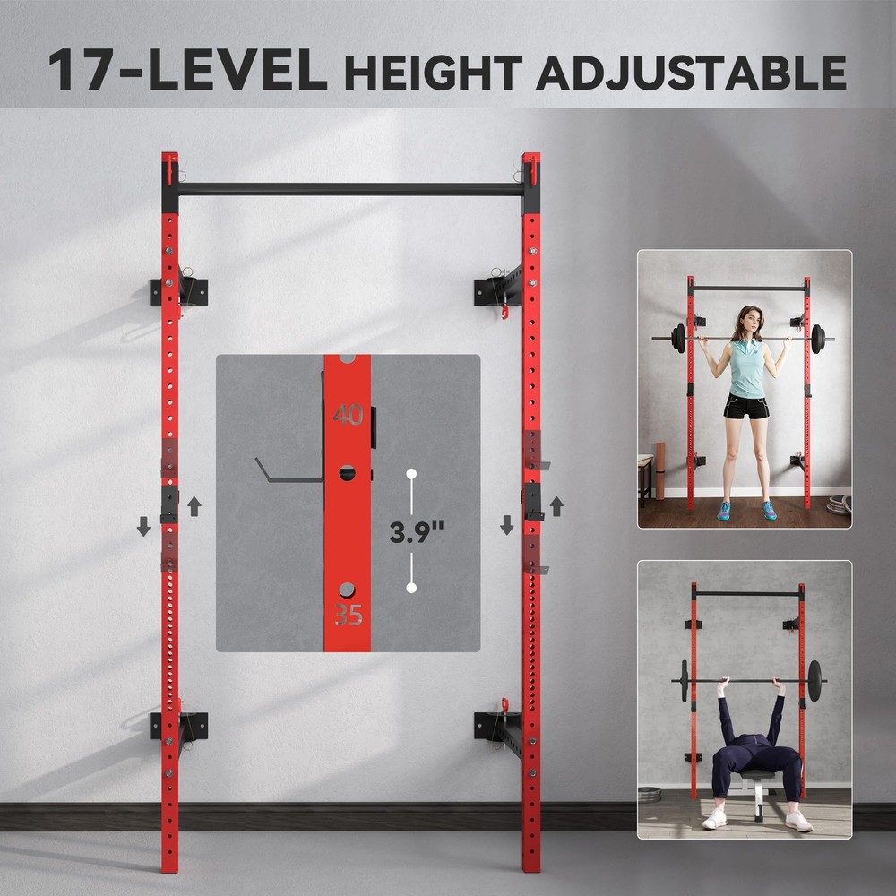 Folding Squat Rack with Adjustable Pull-Up Bar, 1000 Pounds Capacity Wall Mou...