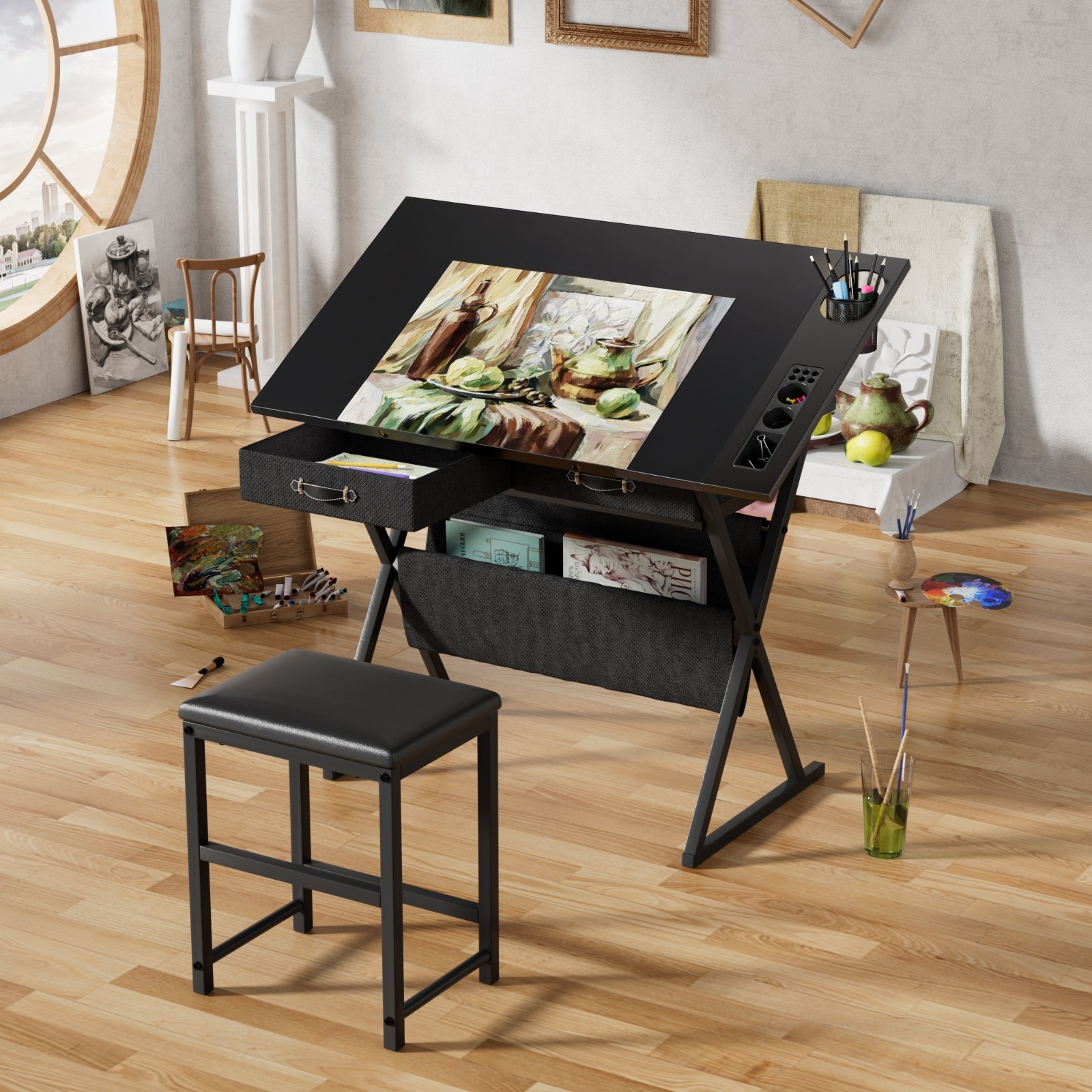 Vecelo Drafting Table Art Desk Art Table Adjustable Drawing Table w/Drawer Stool