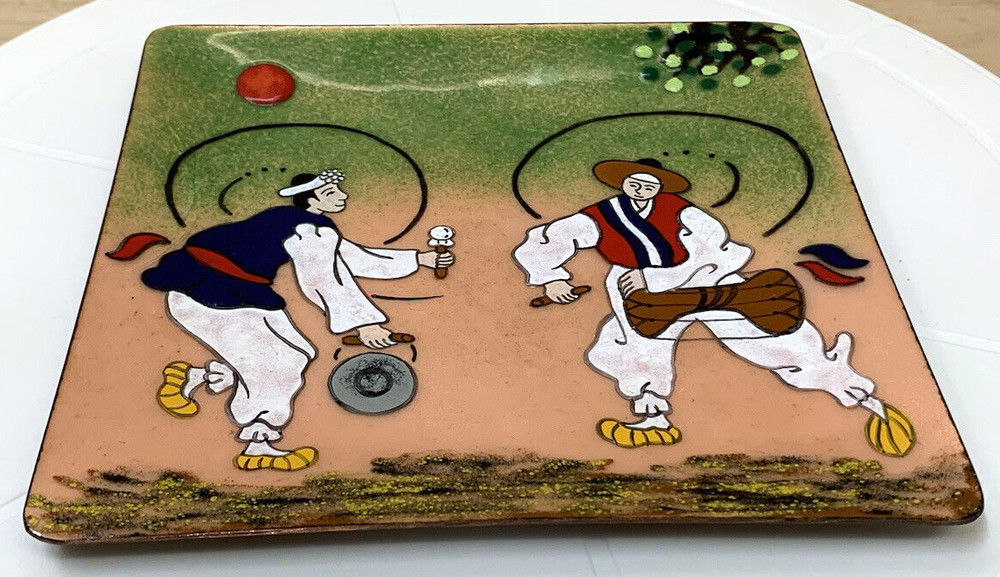 ASIAN DISH PLATE Enamel on Copper Square Men Playing Percussions