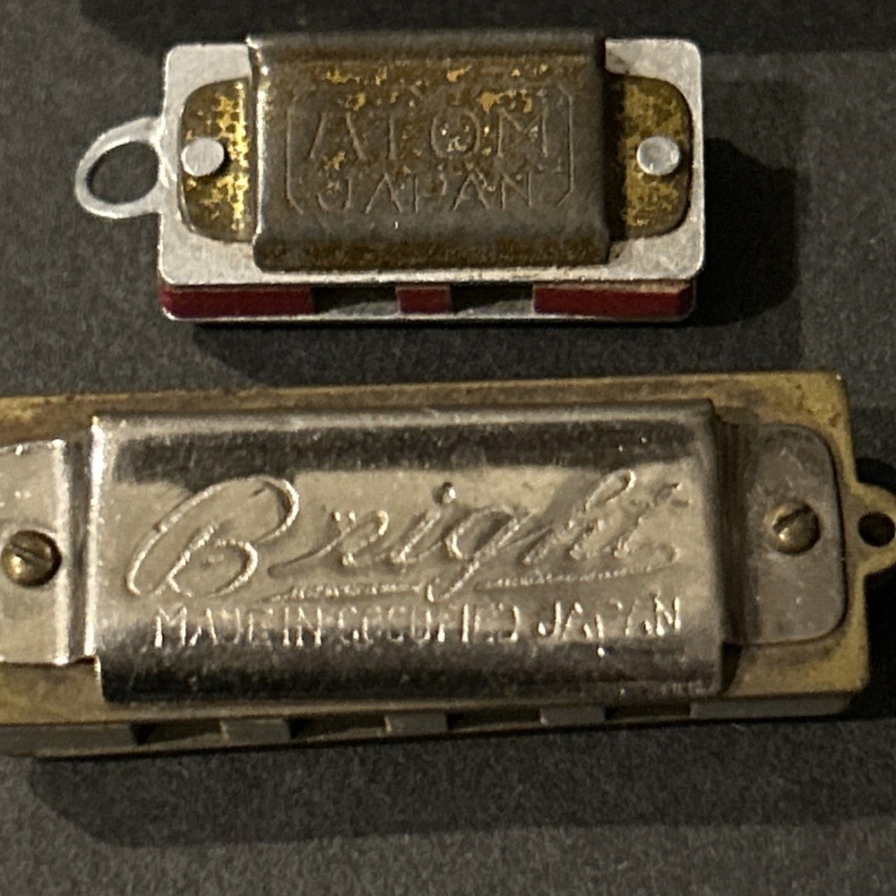 Vintage Mini Harmonica Keychains 1.5” Bright & 1”Atom Occupied Japan