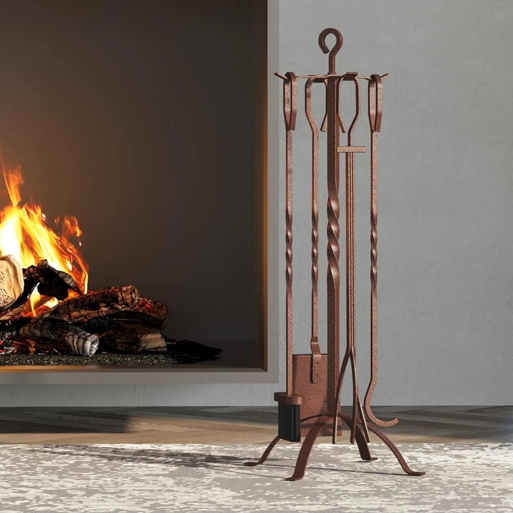 5-Piece Rustic Fireplace Tool Set in Antique Bronze - Elegant & Functional Decor
