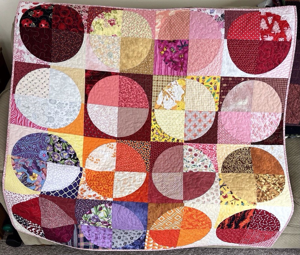Quilt Handmade Patchwork Cotton Drunkards Path PinkRedOrangePurple - 52” X 52”