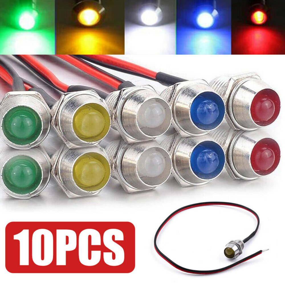 10PCS Car Boat LED Indicator Light 12V 8mm Pilot Dash Panel Warning Single Lamp