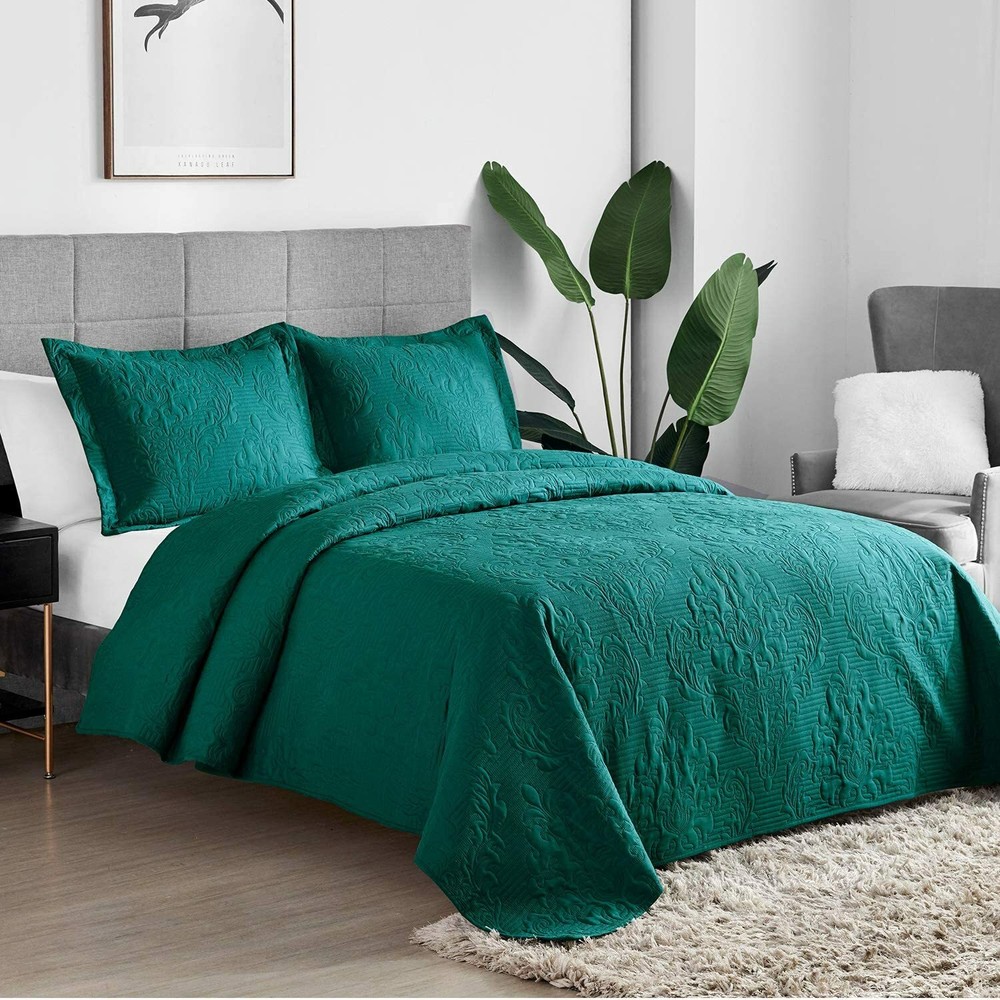 Twin Full Queen King Solid Teal Blue Embossed 3 pc Quilt Set Coverlet Bedding
