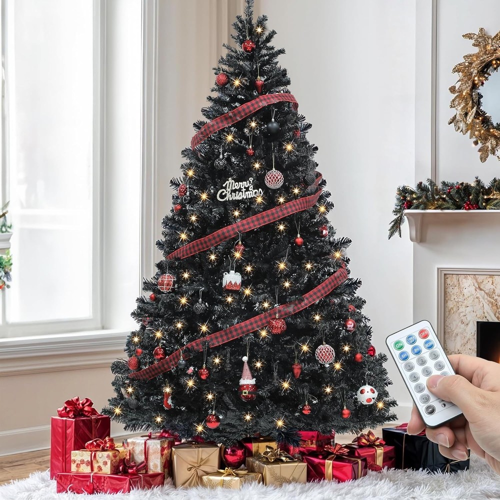 7ft Prelit Black Halloween Artificial Christmas Tree with Remote Contorl
