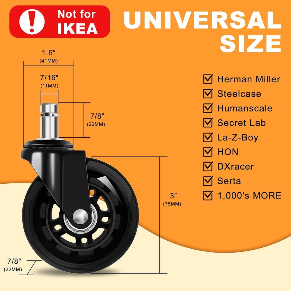 Office Chair Wheels for Casters Replacement - 3" Rubber Black