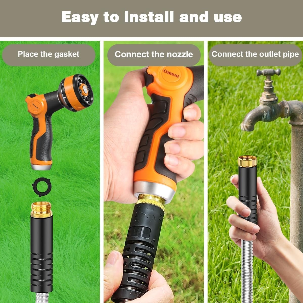 50ft 304 Stainless Steel Garden Hose Metal, Heavy Duty Water Pipe with Nozzle