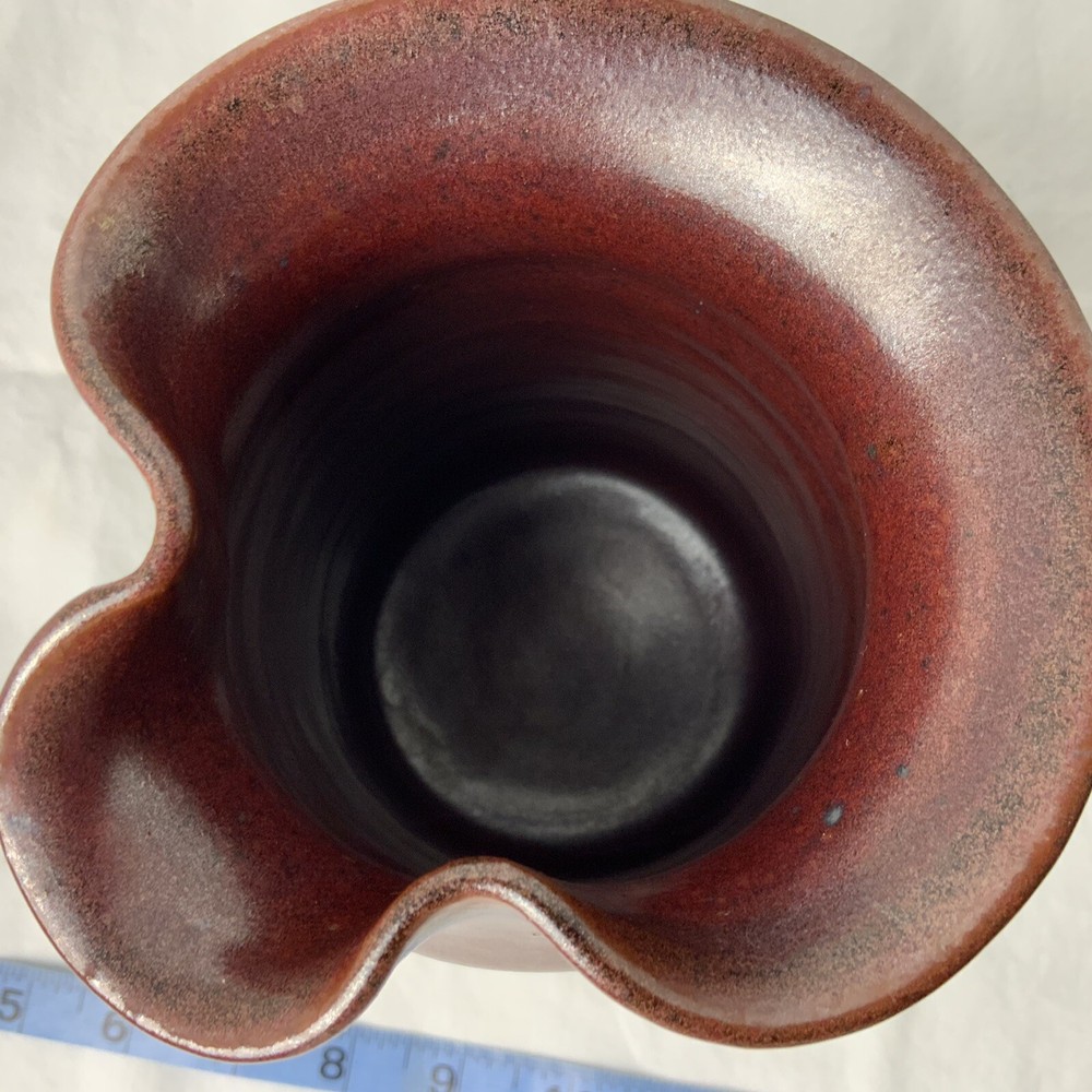 Speckled Brown Two Tone Art Pottery Pitcher Signed DA