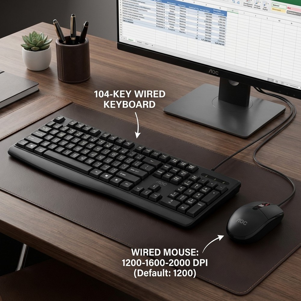 AOC Wired Keyboard Mouse Combo USB 104-Keys Office Adjust DPI Mice PC Notebook
