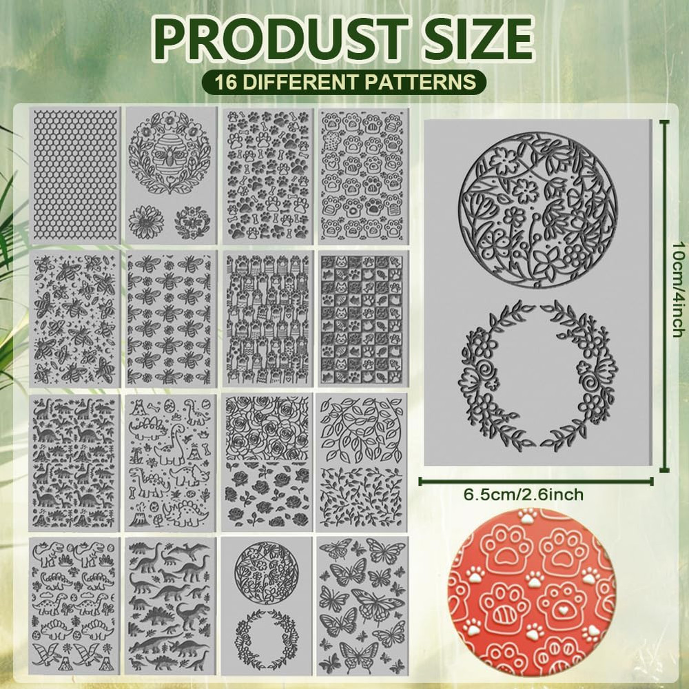 16 Pcs Animals Flowers Pattern Polymer Clay Texture Sheet Bees and Cats Patterns