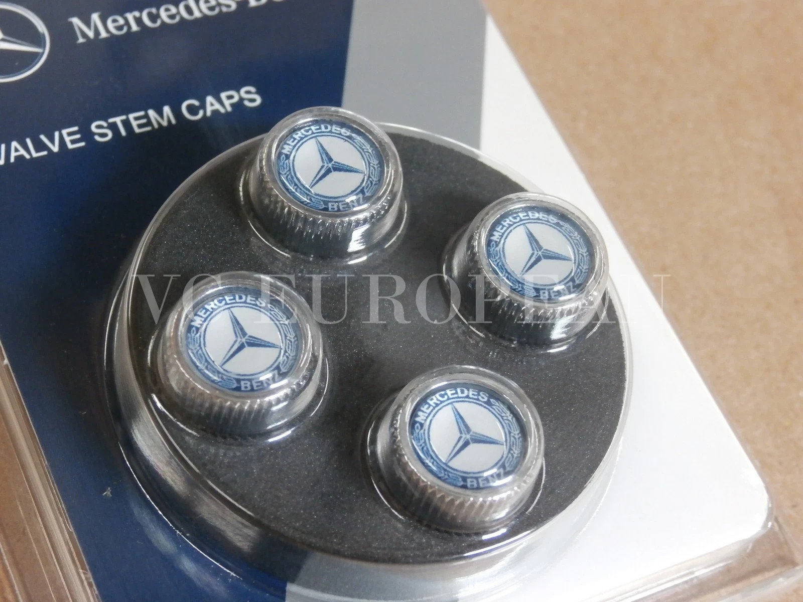 Mercedes-Benz Genuine Tire Valve Stem Cap Set, Laurel Blue on Silver Caps OEM !!