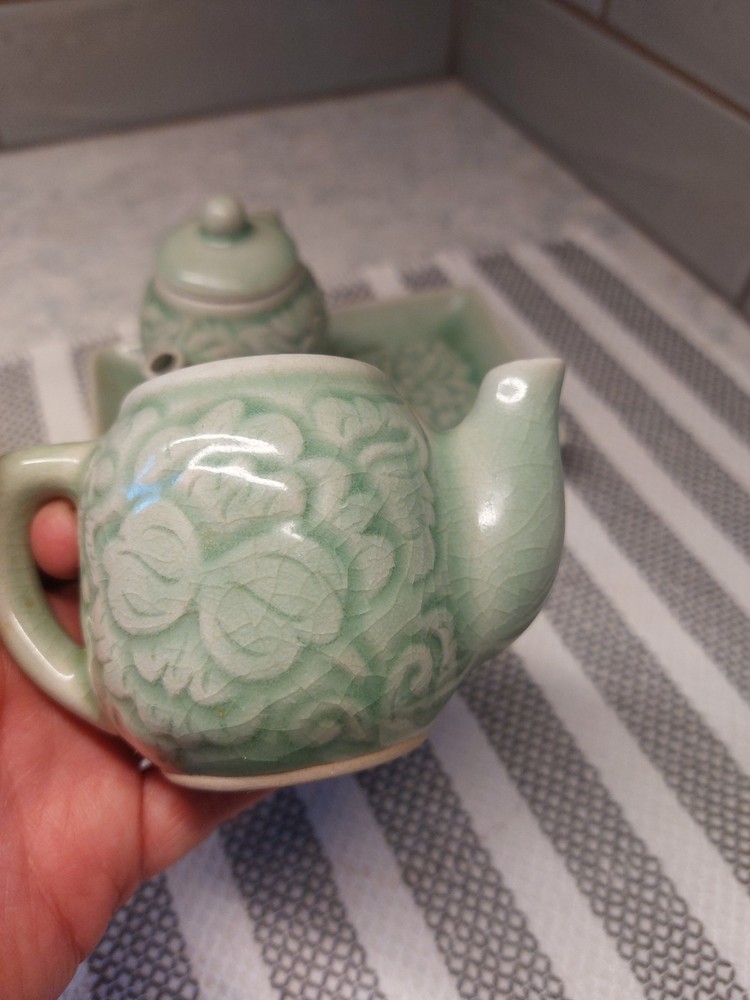 Celadon Green 3 Piece Ceramic Condiment Set *Missing One Lid*