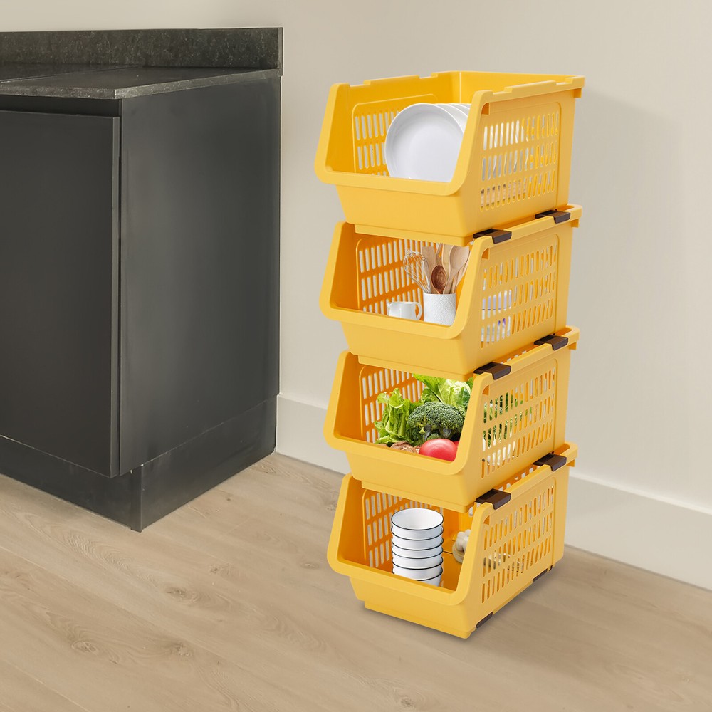 4 Tier Stackable Plastic Bins For Organizing Food, Kitchen & Bathroom Essentials