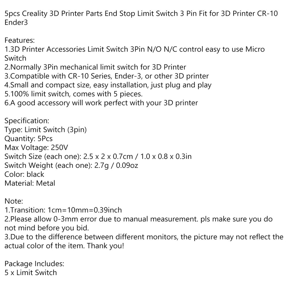5PCS 3Pin Endstop Limit Switch Mechanical Endstop Switch Module for CR-10 Ender