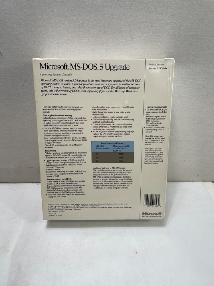 Microsoft MS-DOS 5 Upgrade Operating System Software 5.25" Floppy Disk SEALED