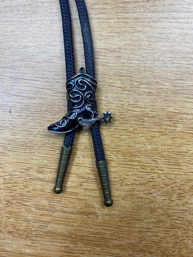 Black Cowboy Boot with Spur Bolo Tie