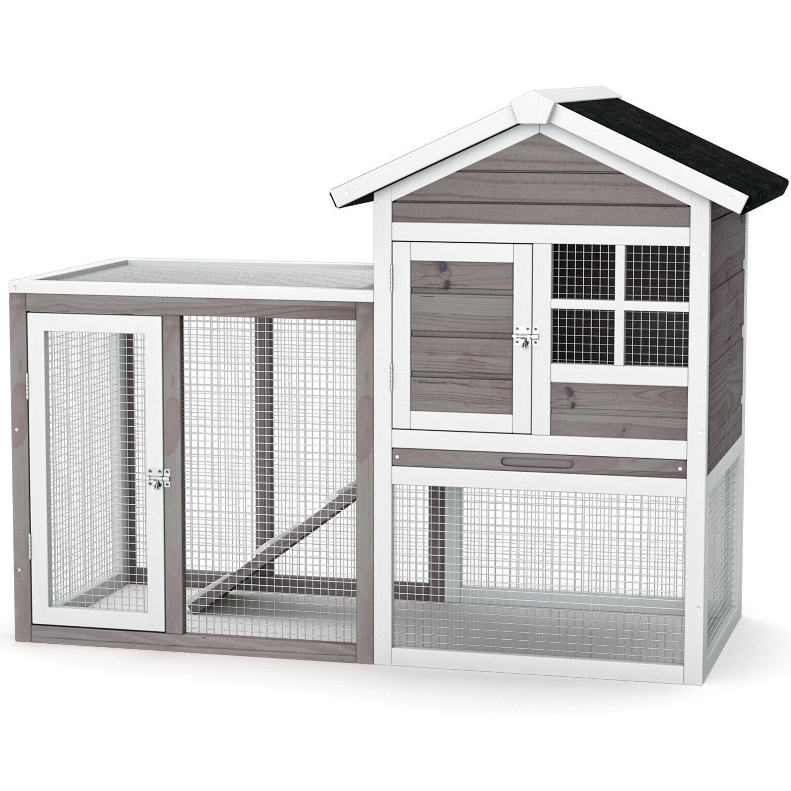 Wooden Chicken Coop Outdoor & Indoor Small Rabbit Hutch w/ Run Grey