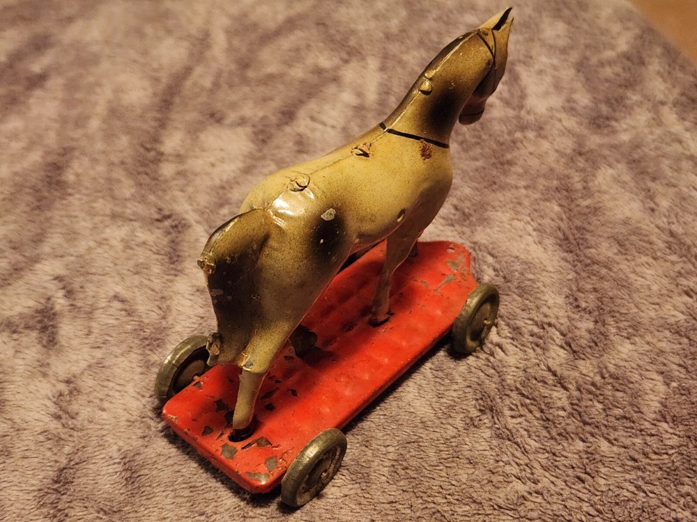 Old Early Tin Penny Toy Platform Horse Pull Toy