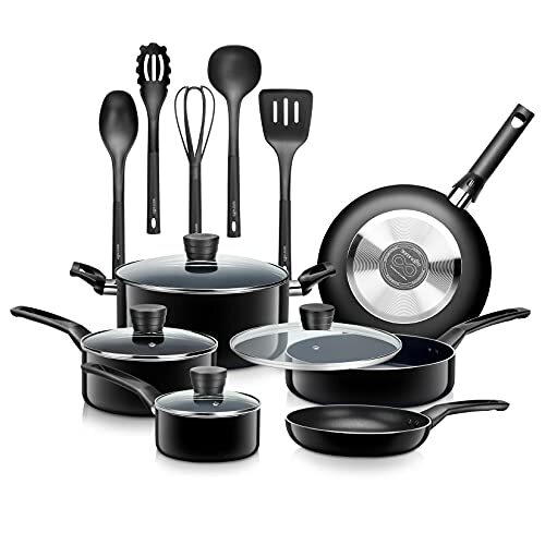 SereneLife SLCW15BLK 15-Piece Set Kitchenware Pots & Pans Basic Kitchen Set