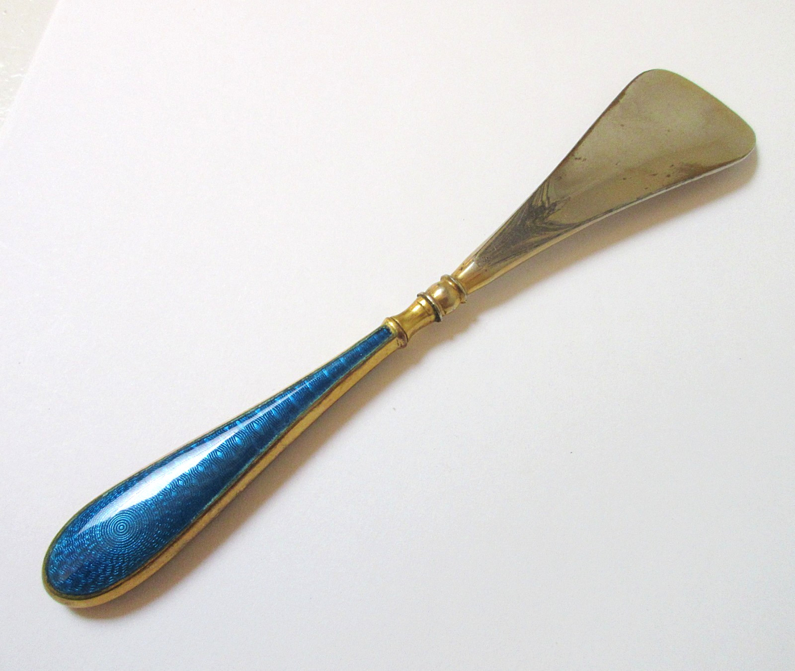 Antique Shoe Horn Peacock Blue Guilloche Enamel