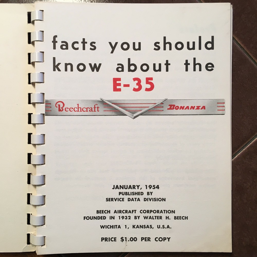 Beechcraft Bonanza E-35 Owner's Handbook Manual. E35