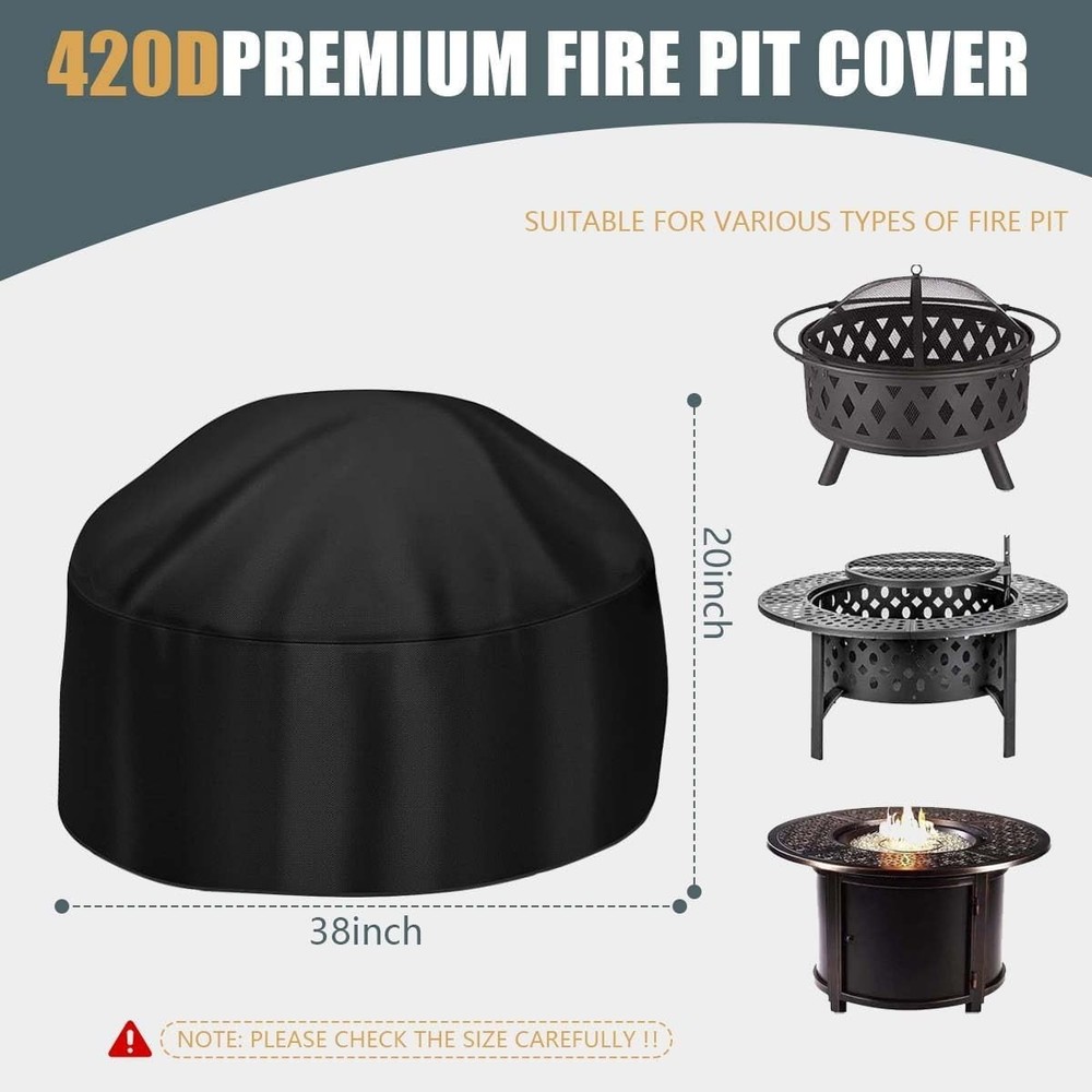 38 Inch Heavy-Duty Round Fire Pit Cover with Adjustable Drawstring - Waterproof