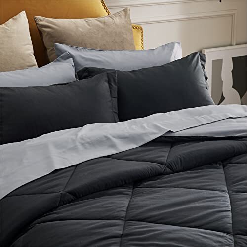 Comforter Set - 8 Pieces Reversible Bed Set with Comforters, Queen Black