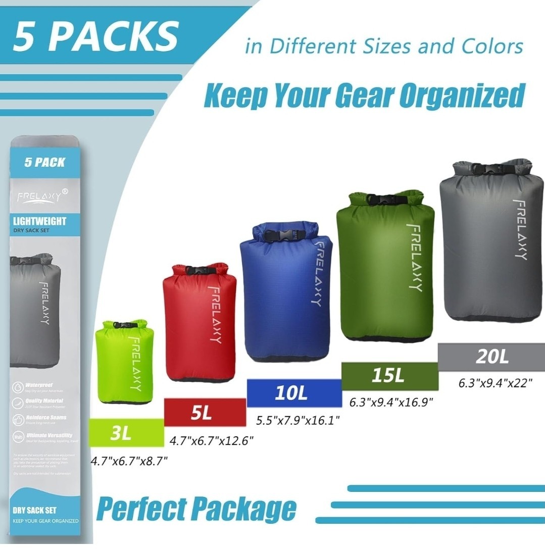 Dry Bag 5-Pack, Ultralight Dry Sack, Outdoor Bags Keep Gear Dry for Hiking