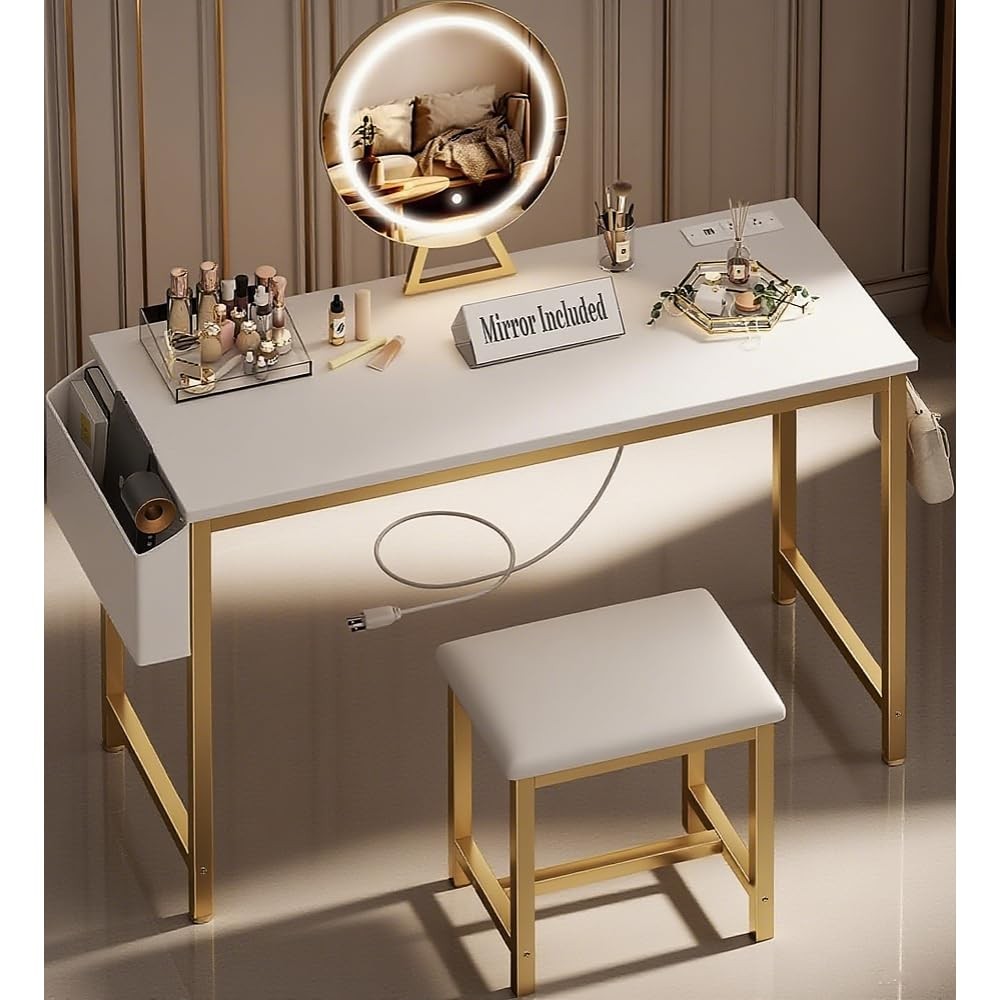 40" Tocador Blanco Dorado Mesa De Maquillaje Con Silla Espejo y Luces Para Mujer