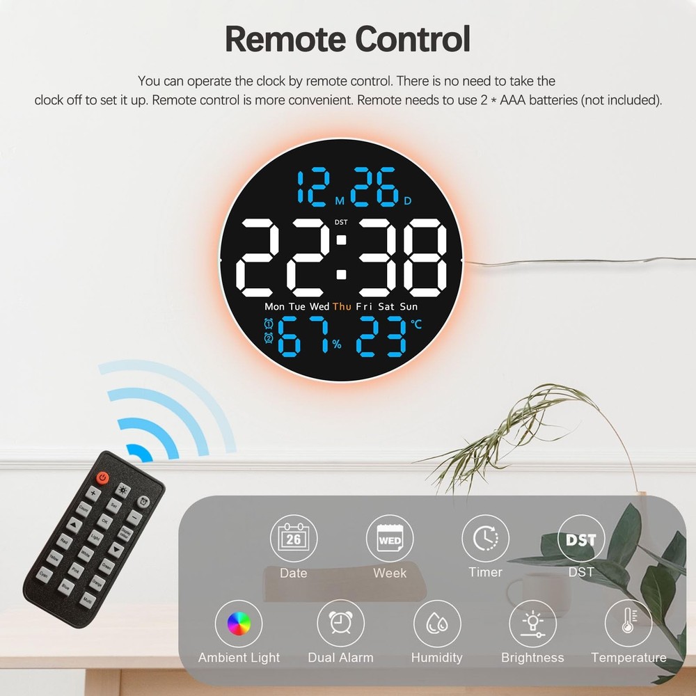JoFomp 10" Large Digital Wall Clock with Remote Control, LED Display, Plug-in...