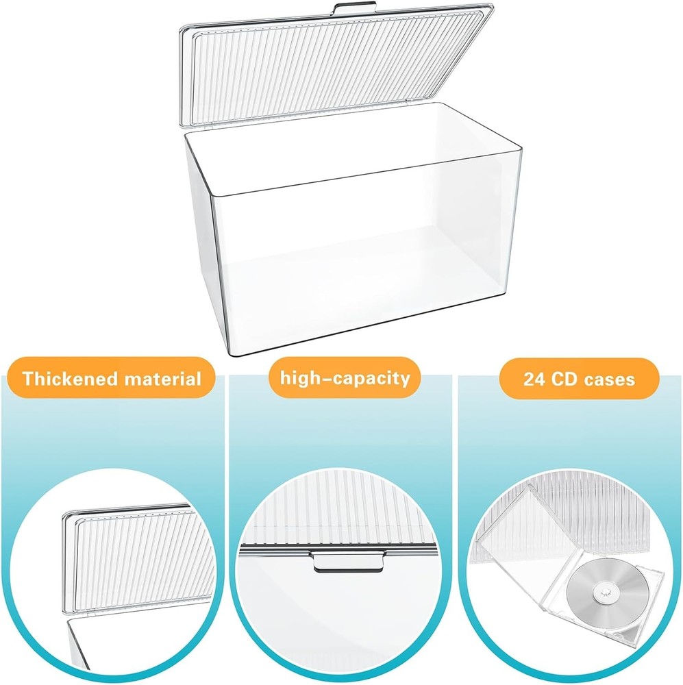 Clear CD Storage Box W/ Lid Plastic CD Holder Stand Stackable CD DVD Desk Rack