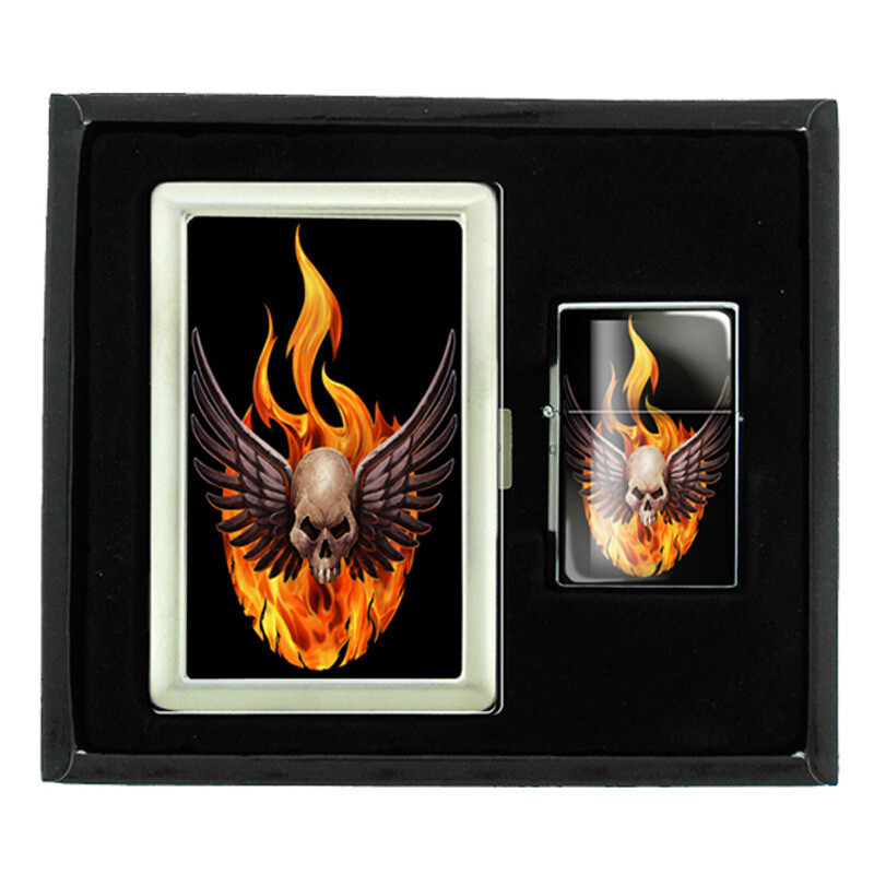 SKULL D6 CIGARETTE CASE / WALLET & LIGHTER GIFT SET