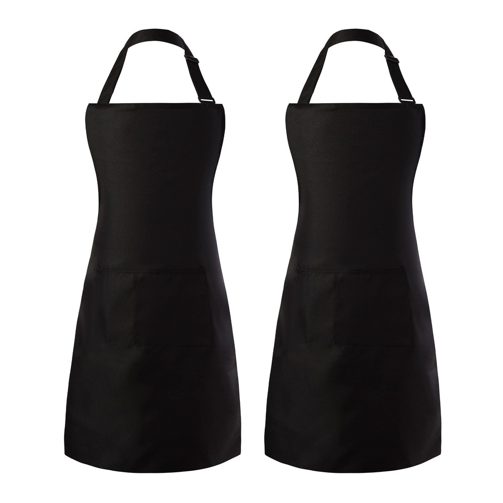 Adjustable Bib Aprons Water Resistant with 2 Pockets Black 2 Pack