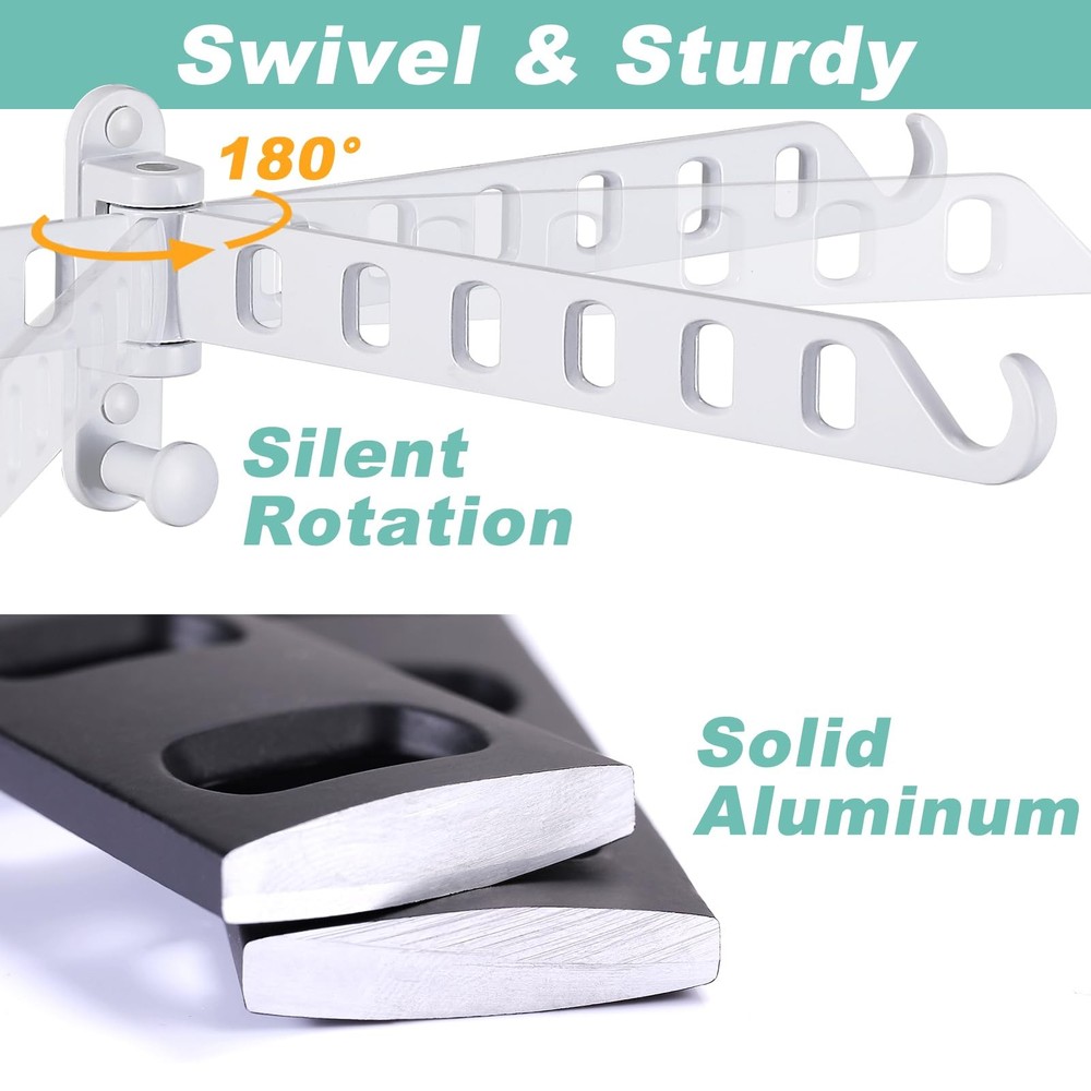 2 PCS White Wall Mounted Swing Arm Laundry Drying Rack With 6 Hole Foldable