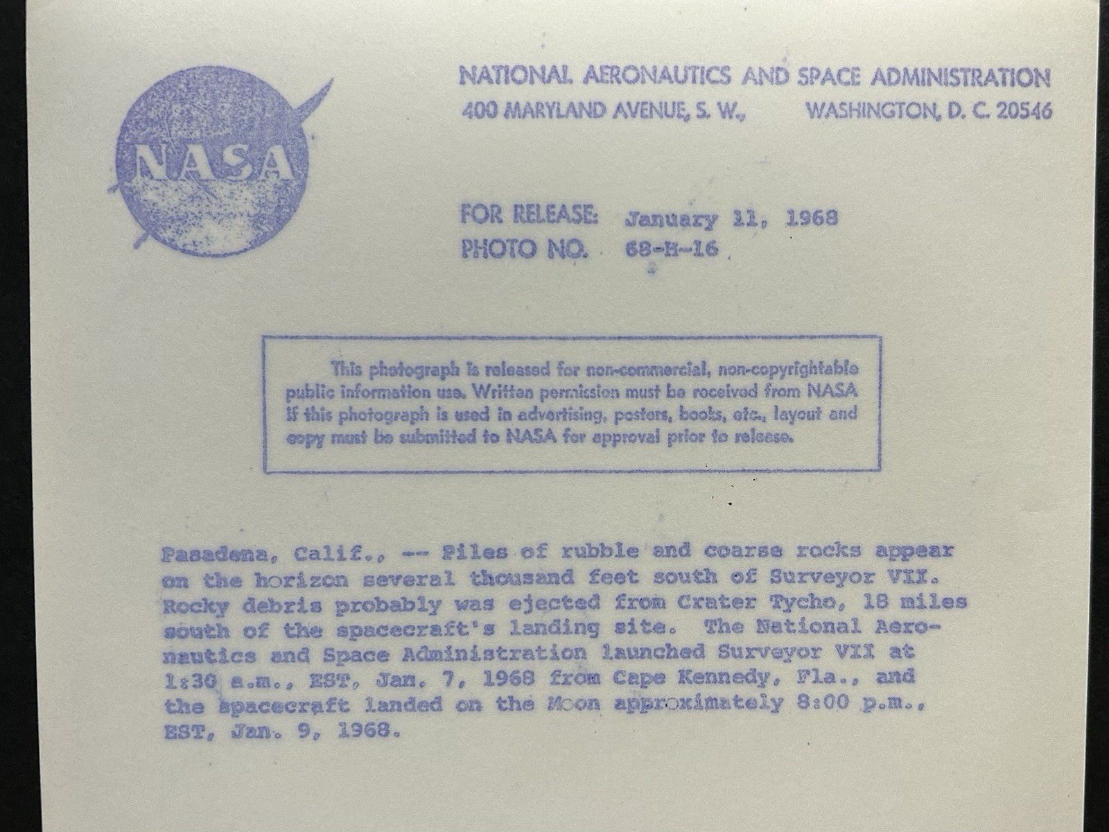 1968 NASA “Moon Surface Piles of Rubble Rocks” Surveyor VII Camera” Photograph