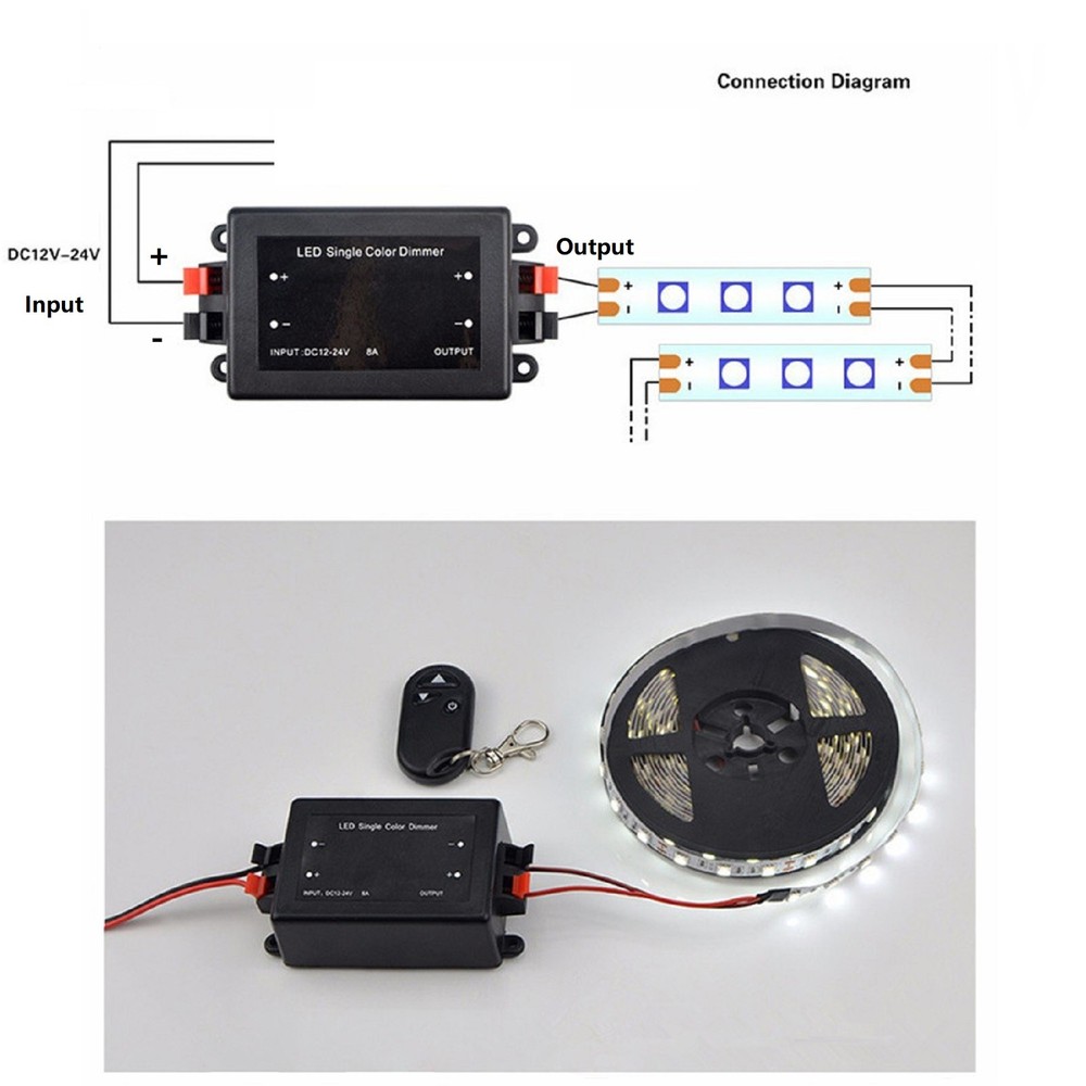 LED Light Dimmer 8A RF 433Mhz Wireless Remote Brightness Controller DC 12V~24V