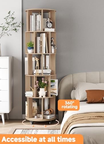Rotating Bookshelf Tower, 360° Display Stackable Spinning Bookshelf, 5 Wooden