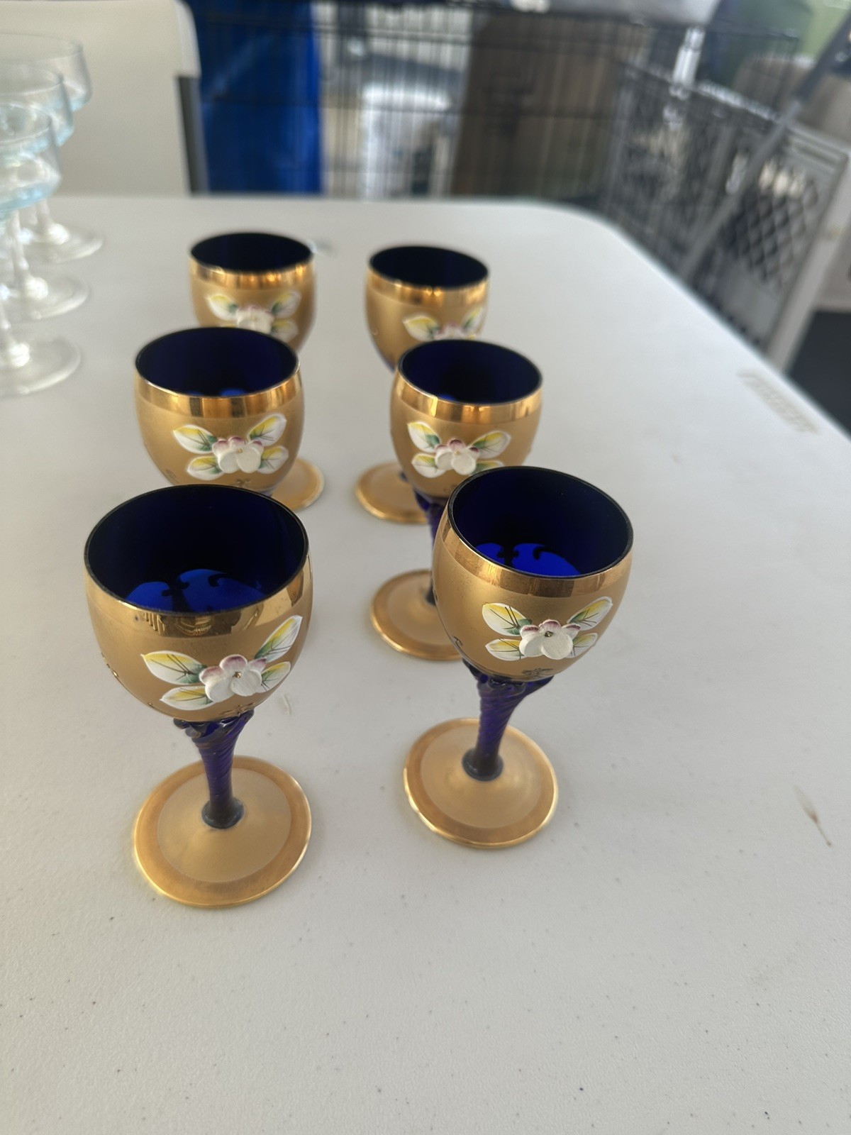 Antique Bohemian Moser Cobalt Blue Enamel Flowers Decanter & 6 Glasses Set