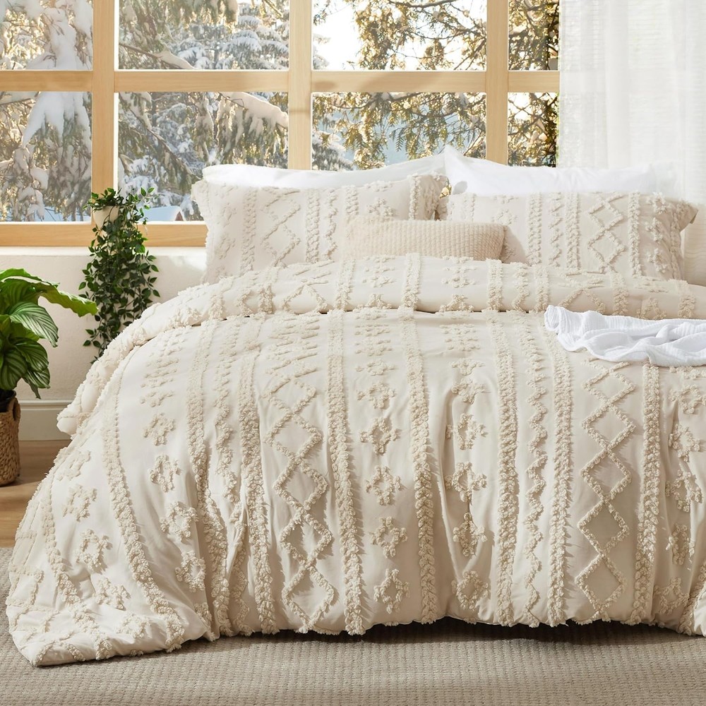 Tufted Boho Comforter Set King Size Beige Boho Bed Set GentleSoft™ 3 Pieces