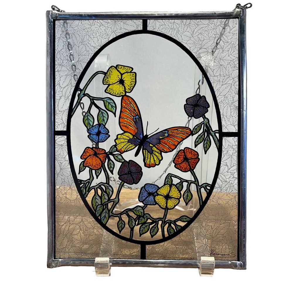 Stained Glass Wall Window Decor Flower Butterfly Signed Hand Made EUC