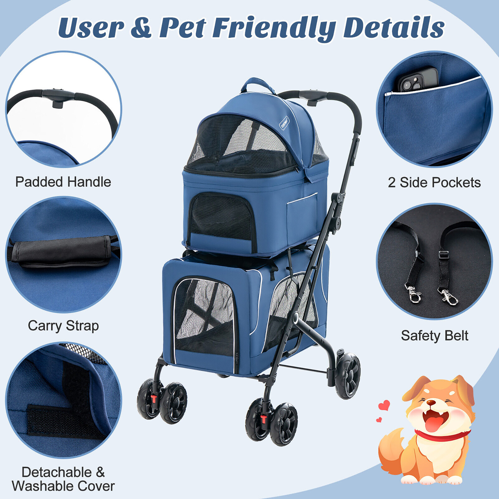 Double Pet Stroller for 2 Dogs or Cats w/ 2 Detachable Carriers Safety Belt Blue