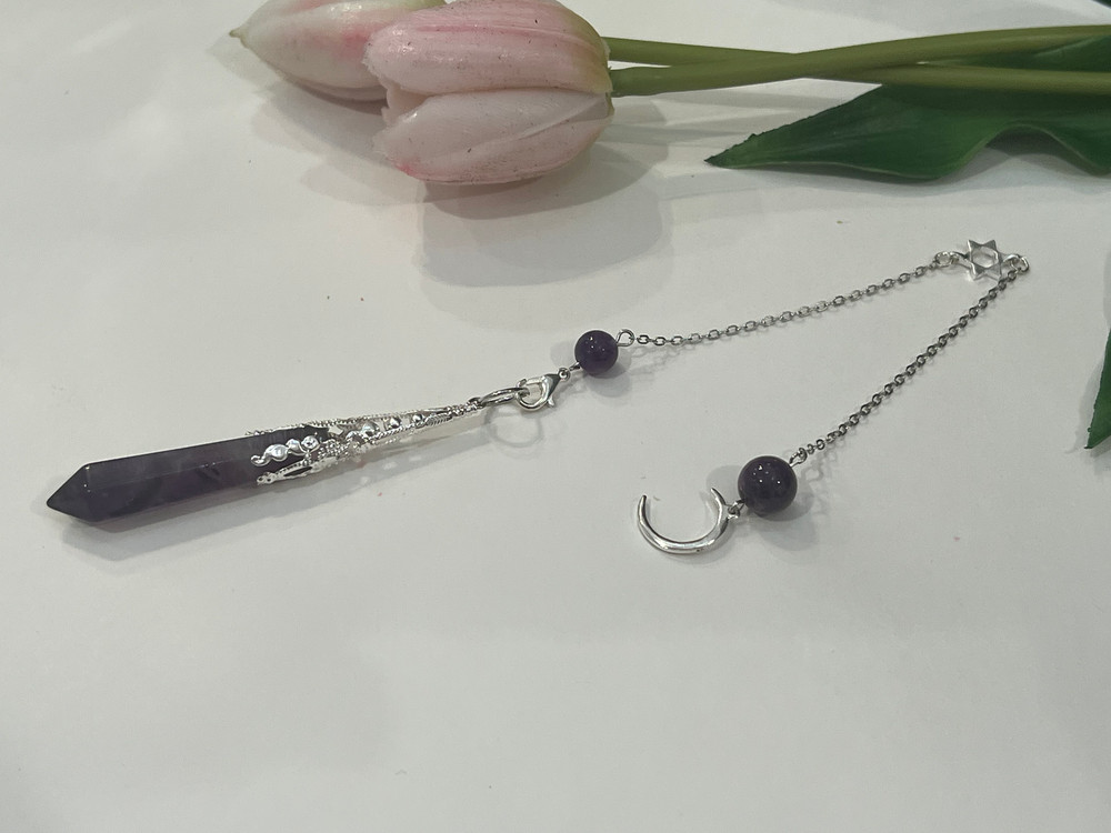 Blessed Amethyst Cresecent Moon Pendulum , Dowsing Rod