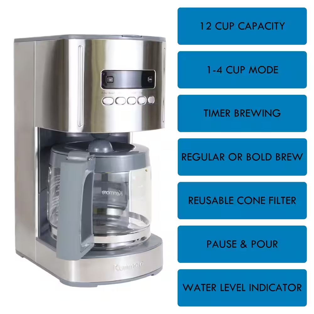 Programmable 12 Cup Silver/Stainless Steel Drip Coffee Maker with Aroma Control