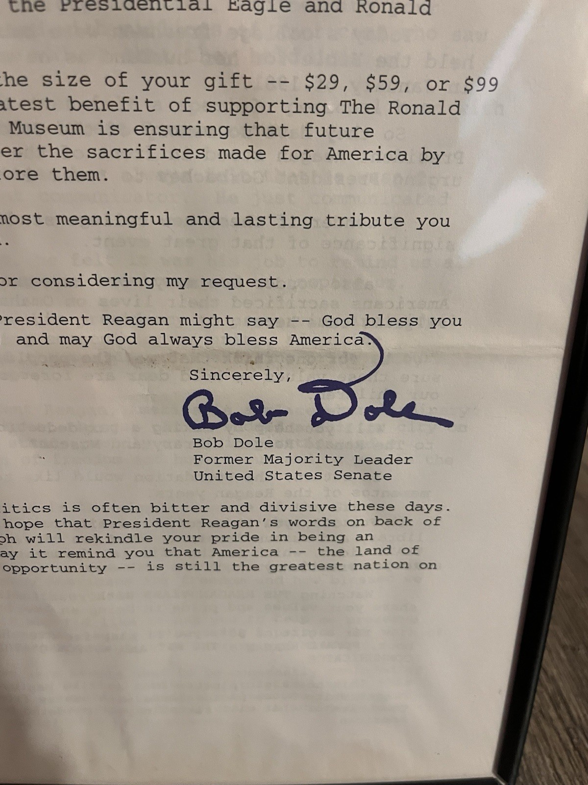 Framed Signed Letters From Nancy Regan And Bob Dole And Framed Photo Of Regan￼